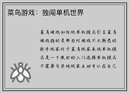 菜鸟游戏：独闯单机世界